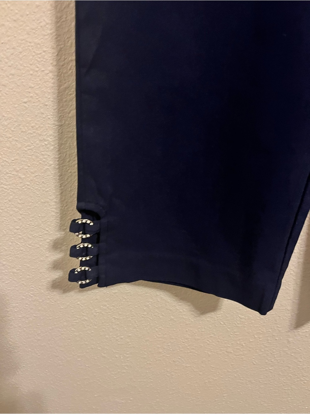 JM Collection Women Navy Cropped Ponte Pants with Hook Hem Detail - Picture 3 of 5